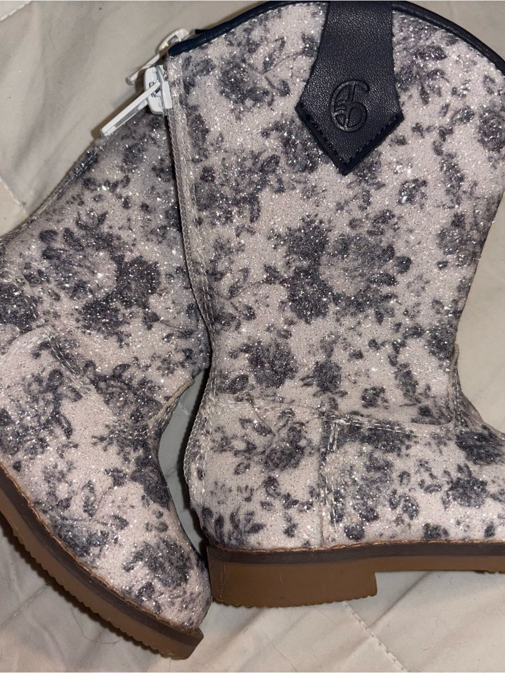 Silver and White Sparkle Floral Ankle Boots